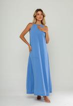 Vestido Longo Decote Com Recorte E Amarração Azul Salvatore