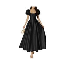Vestido Longo Elegante De Cetim Para Mulheres Com Decote Quadrado, Manga Bufante, Cintura Ajustada, Vestido Longo Elegante De Cetim Para Mulheres Com Decote Quadrado, Manga Bufante, Cintura Ajustada,