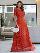 Vestido Longo Elegante de Festa Casamento Formatura Manga Curta com Babado Cinto Cor:TerracotaTamanho:GG