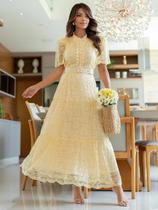 Vestido Longo Elegante de Festa Chic Formal de Renda Manga Princesa Gola Alta Cor:AmareloTamanho:GG