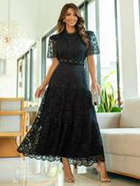 Vestido Longo Elegante de Festa Chic Formal de Renda Manga Princesa Gola Alta Cor:PretoTamanho:G