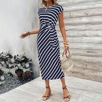 Vestido Longo Elegante Listrado Feminino De Verão Com Cinto Na Cintura, Decote Redondo E Manga Curta