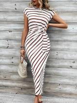 Vestido Longo Elegante Listrado Feminino De Verão Com Cinto Na Cintura, Decote Redondo E Manga Curta