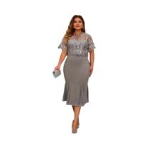Vestido Longo Elegante plus Size Com Bordado E Patchwork Em Cor Sólida