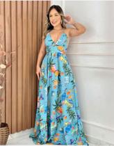Vestido longo em crepe Barbie azul florido