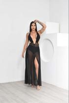 Vestido Longo em Tule com Transparência Decote Profundo