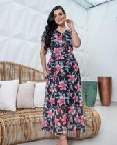 Vestido Longo, em Tule Preto, Floral, Manga Fluída, Cinto, Forro, Olga Lima BM1152