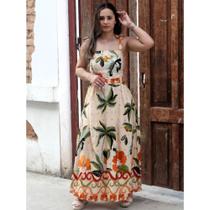 Vestido Longo em Viscolinho com Estampa Decote Sarita - Palms Nude