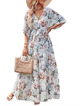 Vestido longo envelope boho floral branco ANRABESS com decote em V, tamanho L Vestido longo envelope boho floral branco ANRABESS com decote em V, tamanho L
