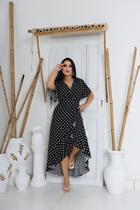 Vestido longo envelope estampa bolinhas viscolinho manga curto