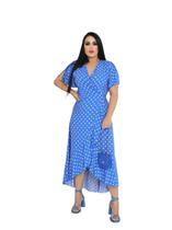 Vestido longo envelope estampa bolinhas viscolinho manga curto