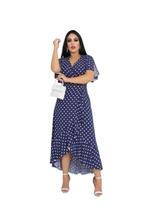 Vestido longo envelope estampa bolinhas viscolinho manga curto
