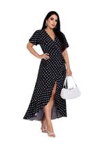 Vestido longo envelope estampa bolinhas viscolinho manga curto