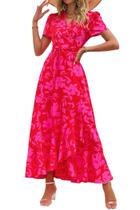 Vestido Longo Envelope Floral PRETTYGARDEN com Decote V e Manga Curta Tamanho L