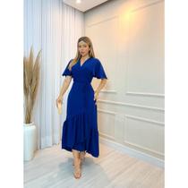 Vestido Longo Envelope Transpassado Manga Curta Decote V Detalhe Saia Babado