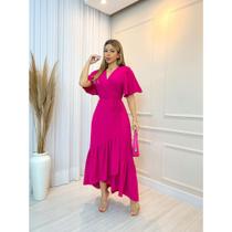 Vestido Longo Envelope Transpassado Manga Curta Decote V Detalhe Saia Babado