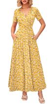 Vestido Longo Envelope WNEEDU com Decote em V, Estampa Floral Amarela e Bolsos