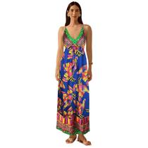 Vestido Longo Estampado Acinturado Decote V Elegante Fashion