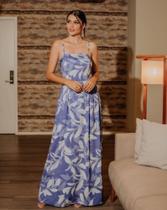 Vestido longo estampado azul de crepe tamanho ng
