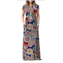 Vestido Longo Estampado com Bolso e Manga Curta - Azul Escuro