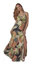 Vestido Longo Estampado Fenda Detalhes Alça Decote Deep Vestido Longo Estampado Fenda Detalhes Alça Decote Deep
