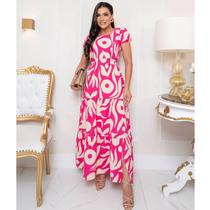 Vestido Longo Estampado Pamela em Crepe Rosa