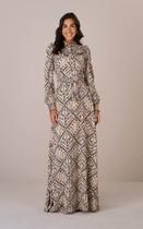 Vestido Longo Evangélico Bege Tatá Martello Cecília Crepe Italy, Botões Funcionais, Lastex, Forrado com Faixa
