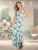 Vestido Longo Evasê Estampado Com Fenda Leve E Sofisticado