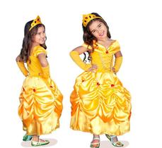 Vestido Longo Fantasia Menina Infantil Festas Princesa A Bela e a Fera + LUVAS E COROA Vestido Longo Fantasia Menina Infantil Festas Princesa A Bela e a Fera + LUVAS E COROA