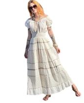 Vestido longo feminina Indiano Ciganinha Bordado 100 Algodão