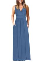 Vestido longo feminino AUSELILY com decote em V profundo, solto, azul liso, 2GG