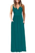 Vestido longo feminino AUSELILY com decote em V profundo, solto, verde liso