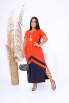 Vestido Longo Feminino Bicolor Moda Feminina Bolso Max Manga Curta 38 a 50 Moda Verão Lançamento Plus Size Feminino Top