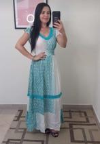 Vestido Longo Feminino - Branco com Azul, Tam G Vestido Longo Feminino - Branco com Azul, Tam G