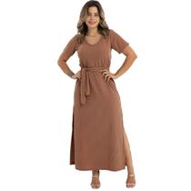 Vestido Longo Feminino Canelado Com Fendas Laterais E Cinto Slim 30824A
