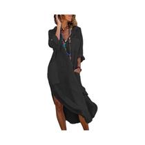 Vestido Longo Feminino Casual De Verão Em Algodão E Linho Solto Branco E Preto Com Botões E Fenda Vestido Longo Feminino Casual De Verão Em Algodão E Linho Solto Branco E Preto Com Botões E Fenda