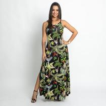 Vestido Longo Feminino Casual Estampado em Malha com Fendas Laterais