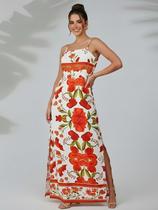 Vestido Longo Feminino Com Fenda Floral Elegante Alcinha Verão Moderno Confortável Festa Casual Decote Reto Fresquinho -