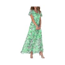 Vestido Longo Feminino De Chiffon Floral Com Decote Em V, Manga Curta, Barra Com Babados, Cintura