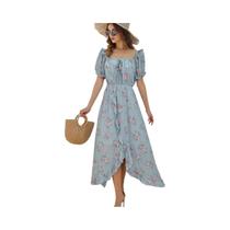 Vestido Longo Feminino De Chiffon Floral, Decote Em V, Manga Curta, Linha A, Vestido De Praia Para Vestido Longo Feminino De Chiffon Floral, Decote Em V, Manga Curta, Linha A, Vestido De Praia Para