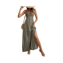 Vestido Longo Feminino De Verão Boho Com Estampa Étnica, Costas Abertas E Fenda Na Perna Para Praia