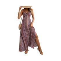 Vestido Longo Feminino De Verão Boho Com Estampa Étnica, Costas Abertas E Fenda Na Perna Para Praia
