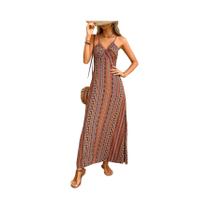 Vestido Longo Feminino De Verão Boho Com Estampa Étnica, Costas Abertas E Fenda Na Perna Para Praia