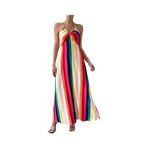 Vestido Longo Feminino De Verão Boho Com Estampa Étnica, Costas Abertas E Fenda Na Perna Para Praia