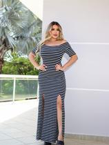 Vestido Longo Feminino Decote Canoa com Fenda Dupla Elegante Festa