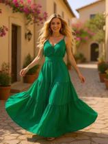 Vestido Longo Feminino Elegante De Alças finas Plissado 3 Marias Com decote Em V ajustavel Botões Vestido Longo Feminino Elegante De Alças finas Plissado 3 Marias Com decote Em V ajustavel Botões