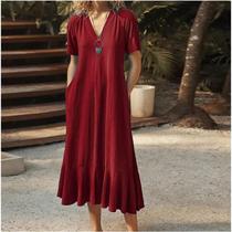 Vestido Longo Feminino Em Algodão E Linho Com Decote Em V E Mangas Curtas Estilo Europeu-Americano Vestido Longo Feminino Em Algodão E Linho Com Decote Em V E Mangas Curtas Estilo Europeu-Americano