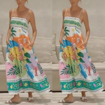 Vestido Longo Feminino Estampado Com Alças Finas Estilo Boêmio Sem Mangas Elegante Para Praia E