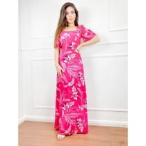 Vestido longo feminino estampado decote quadrado manga curta fluida com bojo estilo