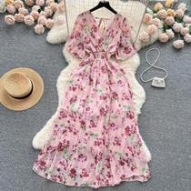 Vestido Longo Feminino Floral Chiffon Com Decote Em V Manga Curta Linha a Festa Praia Vestido Verão